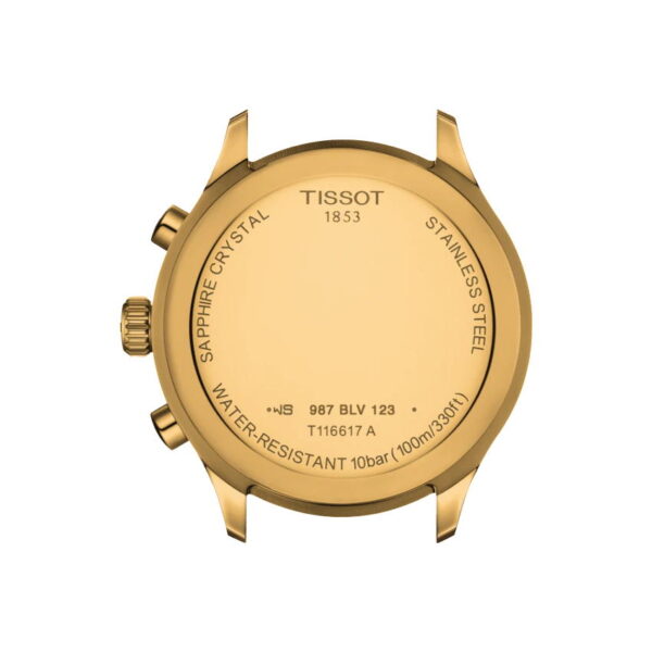 Das Bild zeigt die Rückseite einer Tissot-Uhr mit der Aufschrift „Saphirglas“, „Edelstahl“ und „Wasserdicht 10 bar (100 m/330 Fuß)“. Die Modellnummer T116617A ist ebenfalls sichtbar. Die Uhr hat ein goldfarbenes Finish.