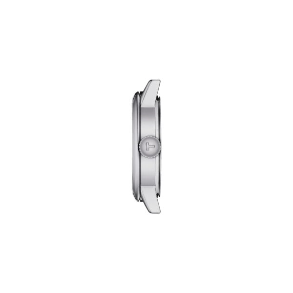 Seitenansicht eines schlanken, silbernen Armbanduhrgehäuses mit einem runden Knopf an der Seite. Die Uhr hat ein elegantes, minimalistisches Design mit metallischem Finish und ohne sichtbare Armbänder.