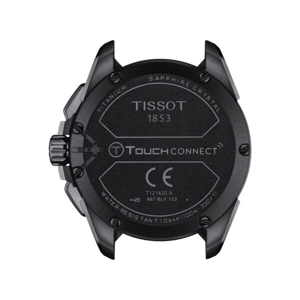 Rückansicht einer Tissot-Uhr, Modell „Touch Connect“, mit Titangehäuse und Saphirglas. Zu den bemerkenswerten Merkmalen gehört die Wasserdichtigkeit bis 10 Bar (100 m/330 Fuß). Die Uhr hat einen zentralen Drehknopf und einen eingravierten Text mit detaillierten technischen Daten.