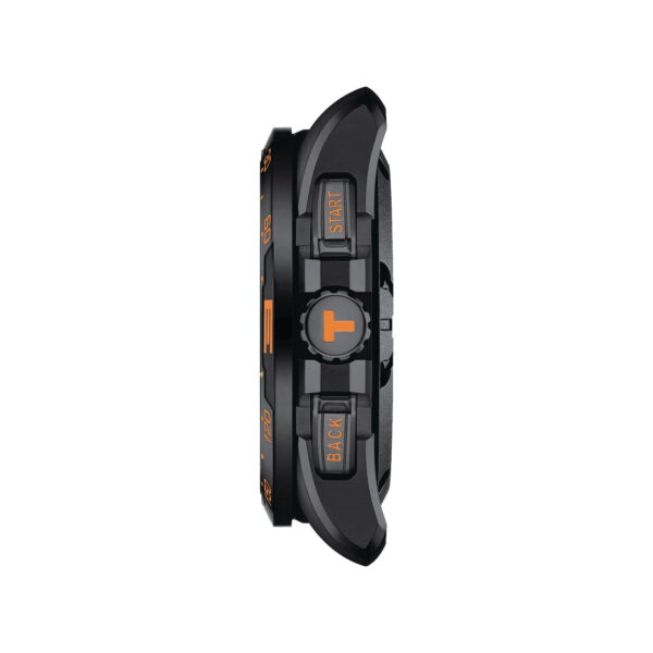 Seitenansicht einer schwarzen digitalen Sportuhr mit orangefarbenen Akzenten. Die Uhr zeigt auf der einen Seite das Wort „START“ und auf der anderen Seite „BACK“ an, mit einem runden Bedienknopf in der Mitte. Das schlanke Design verfügt über ein strukturiertes Band.