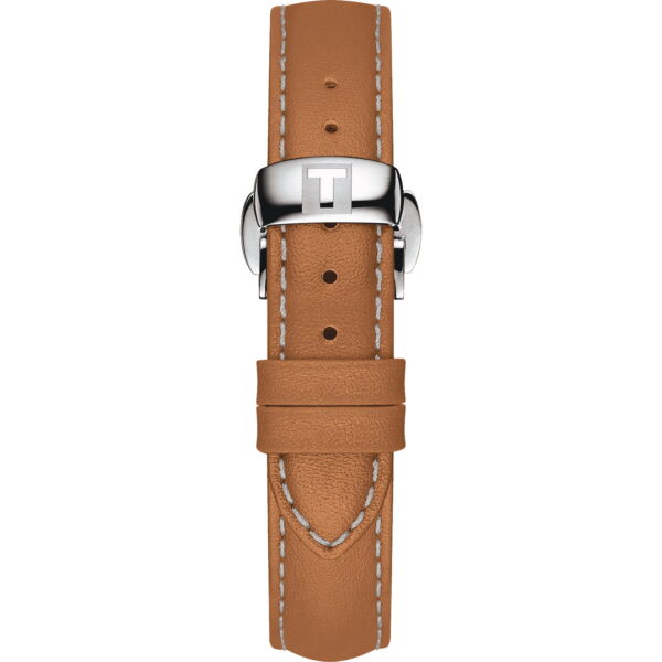 Braunes Lederuhrenarmband mit weißen Nähten und einer silbernen Schnalle mit eingraviertem Buchstaben „T“.