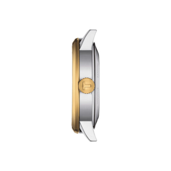 Seitenansicht der Tissot Classic Dream Swissmatic. Sie zeigt ein schlankes, zweifarbiges Silber- und Goldgehäuse mit einer zentralen Goldkrone.