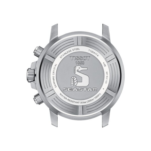 Rückansicht eines Tissot Seastar-Uhrengehäuses. Es weist Gravuren des Markennamens und -logos „Tissot 1853“ und „Seastar“ auf, zusammen mit Angaben zur Wasserdichtigkeit (30 bar/300 m/1000 ft), Saphirglas und Edelstahlmaterial.