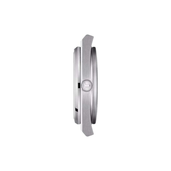 Seitenansicht einer schlanken, silbernen Armbanduhr mit rundem Gehäuse. Das minimalistische Design betont das dünne Profil und eine elegante Krone an der Seite. Die Uhr hat einen modernen und dezenten Stil.