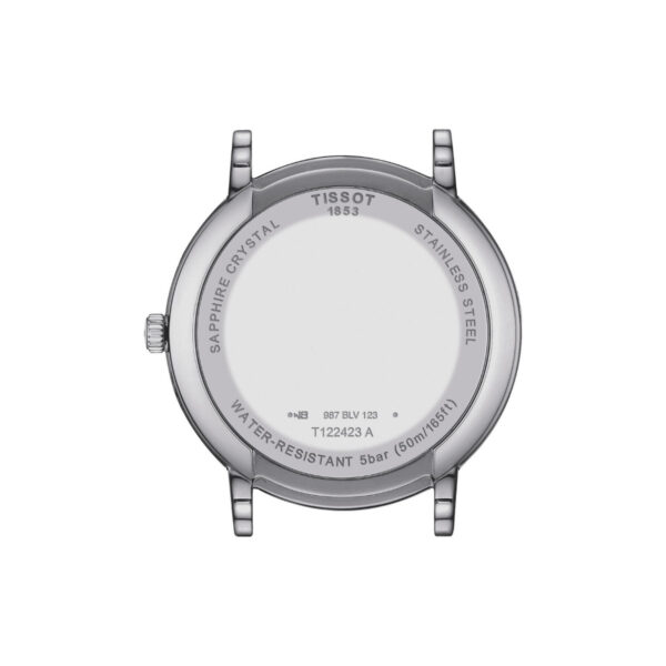 Rückansicht einer Tissot Carson Premium Gent Moonphase-Uhr mit Edelstahlgehäuse. Der Text enthält „Saphirglas“, „Edelstahl“ und „Wasserdicht 5 Bar (50 m/165 Fuß).“ Modellnummern und andere Spezifikationen werden ebenfalls angezeigt.