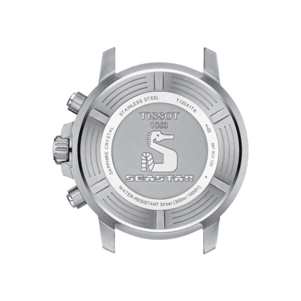 Das Bild zeigt die Rückseite eines Tissot Seastar-Uhrengehäuses. Es weist Gravuren auf, darunter das Tissot-Logo, ein Seepferdchen-Design und Details wie „EDELSTAHL“, „SAPHIRGLAS“ und „WASSERDICHT 30 bar (300 m/1000 Fuß)“.