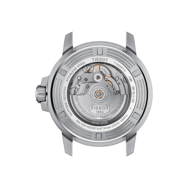 Die Rückansicht der Tissot Seastar 1000 Powermatic 80 gibt durch einen transparenten Gehäuseboden den Blick auf ihr komplexes mechanisches Uhrwerk frei, das mit eingravierten Details zur Wasserdichtigkeit sowie Komponenten aus Edelstahl und Saphirglas versehen ist.
