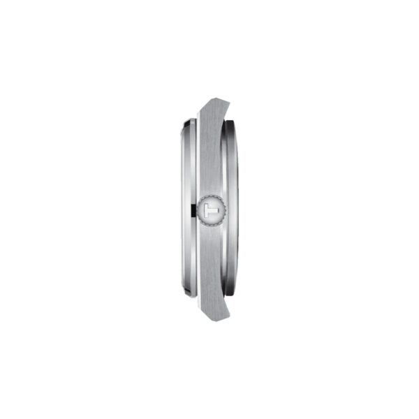 Seitenansicht eines Armbanduhrgehäuses aus Edelstahl, die die Krone mit einem strukturierten Design zeigt. Das Gehäuse ist dünn und glatt, was seine minimalistische Ästhetik unterstreicht.