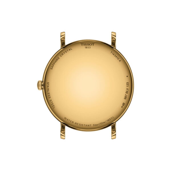 Goldene Gehäuserückseite mit polierter Oberfläche und eingravierten Details: „Saphirglas“, „1853“, „Edelstahl“, „Wasserdicht 5 Bar (50 m/165 Fuß)“, „Tissot“, „T137410A“ und „6Z/TAY 89“. Kein Armband oder sichtbares Zifferblatt.