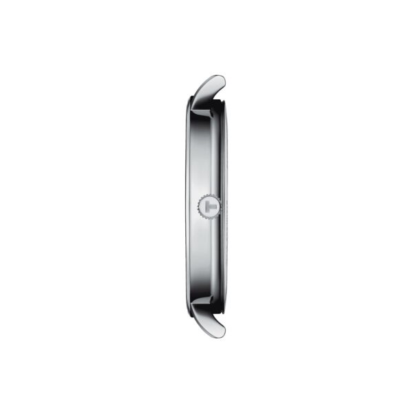 Seitenansicht eines schlanken, silbernen Uhrengehäuses mit einer Krone auf der rechten Seite. Die Uhr hat ein schlankes, minimalistisches Design und zeigt nur das Gehäuse ohne Armbänder oder sichtbares Zifferblatt. Die Krone ist mittig positioniert.