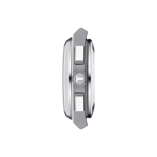 Seitenansicht einer silbernen Armbanduhr mit sichtbarer Krone und Ösen. Die Uhr hat ein schlankes und minimalistisches Design und zeigt ein poliertes Metallgehäuse.