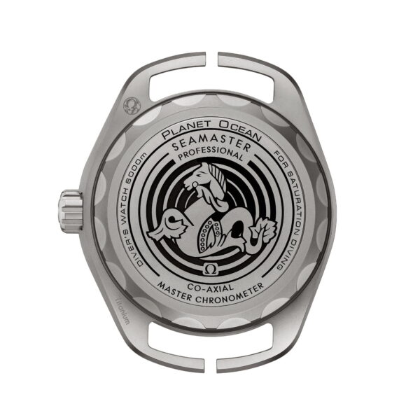Rückansicht eines silbernen Uhrengehäuses mit der Gravur „Planet Ocean Seamaster“. Es enthält komplizierte Designs mit den Aufschriften „Professional“, „Co-Axial Master Chronometer“ und anderen Angaben. In der Mitte ist ein wellenförmiges Muster sichtbar.