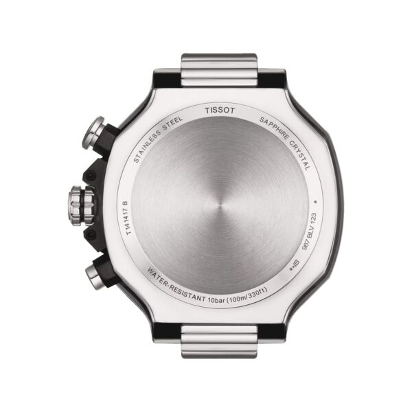 Rückansicht einer Tissot-Uhr mit Edelstahlgehäuse mit zwei Druckknöpfen und einer Krone an der Seite. Auf der Rückseite sind die Details „Saphirglas“ und „Wasserdicht 10 bar (100 m/330 Fuß)“ eingraviert. Das Armband ist aus Metall.