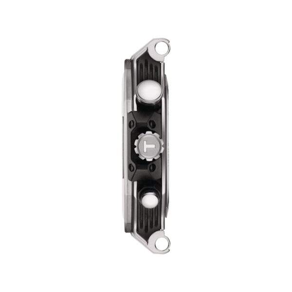 Seitenansicht einer Armbanduhr mit sichtbaren Knöpfen und einer zentralen Krone. Die Uhr verfügt über ein modernes, industrielles Design mit metallischen und schwarzen Akzenten. Die Ösen befinden sich oben und unten und die Knöpfe ragen seitlich hervor.