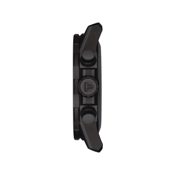 Seitenansicht einer schwarzen Armbanduhr mit rundem Gehäuse, polierter Oberfläche und zwei Druckknöpfen. Die Krone weist ein dezentes Branding auf. Die Uhr hat ein schlankes, modernes Design mit minimalistischem Profil.