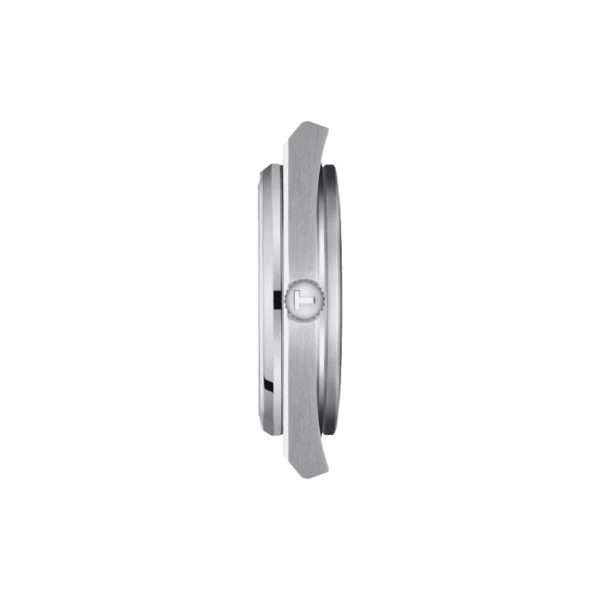 Seitenansicht einer silbernen Armbanduhr, die ihr dünnes, elegantes Design zur Schau stellt. Die Uhr verfügt über eine Krone auf der rechten Seite und einen minimalistischen Stil mit einer glatten Lünette. Das Gesamterscheinungsbild ist schlicht und modern.