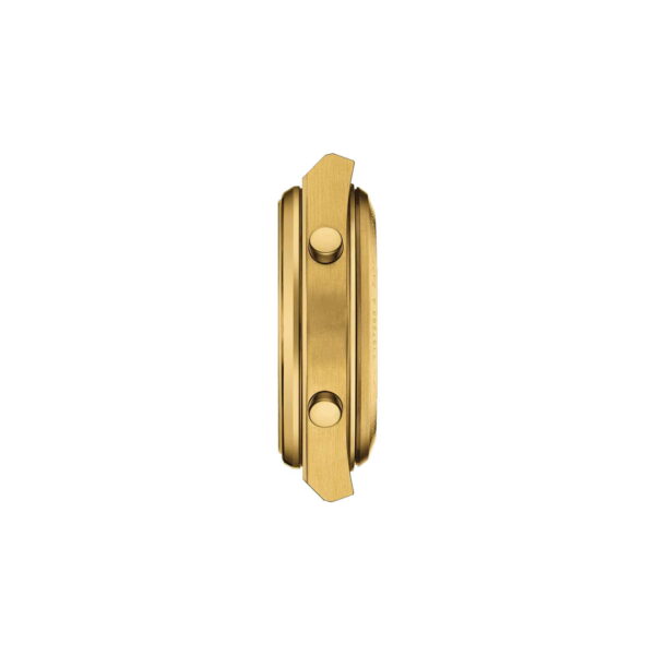 Seitenansicht der Tissot PRX Digital 35 mm. Sie zeigt ein goldfarbenes Gehäuse mit zwei runden Knöpfen und einer glatten, polierten Oberfläche. Das minimalistische Design zeichnet sich durch dezente Rillen an den Kanten aus.
