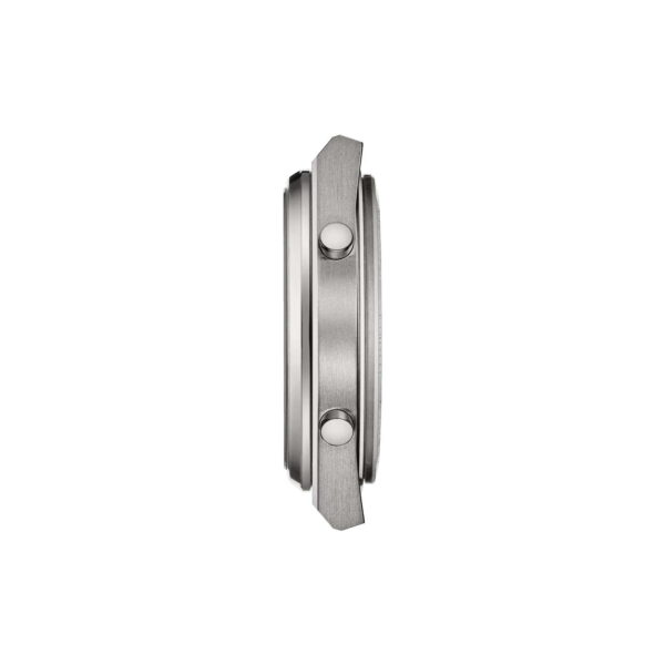 Seitenansicht des 40 mm großen silbernen Metalluhrgehäuses der Tissot PRX Digital mit schlankem, minimalistischem Design mit zwei markanten Drückern auf einer Seite und ohne Armband.
