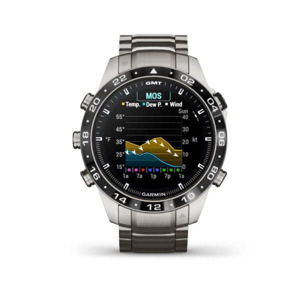Die Garmin Marq Aviator 2.Gen. Smart-Armbanduhr mit Metallarmband zeigt ein Wetterdiagramm mit Temperatur-, Taupunkt- und Windgeschwindigkeitsdaten im Zeitverlauf. Sie verfügt über eine GMT-Lünette mit weißen Ziffernmarkierungen.