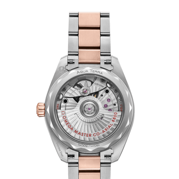 Die Rückseite der OMEGA Seamaster Aqua Terra 150M zeigt eine Luxusarmbanduhr mit sichtbarem mechanischem Uhrwerk und einem Armband aus Silber und Roségold. Die freiliegenden dekorativen Schrauben und Zahnräder zeigen den Text „Omega Master Co-Axial 8800“.