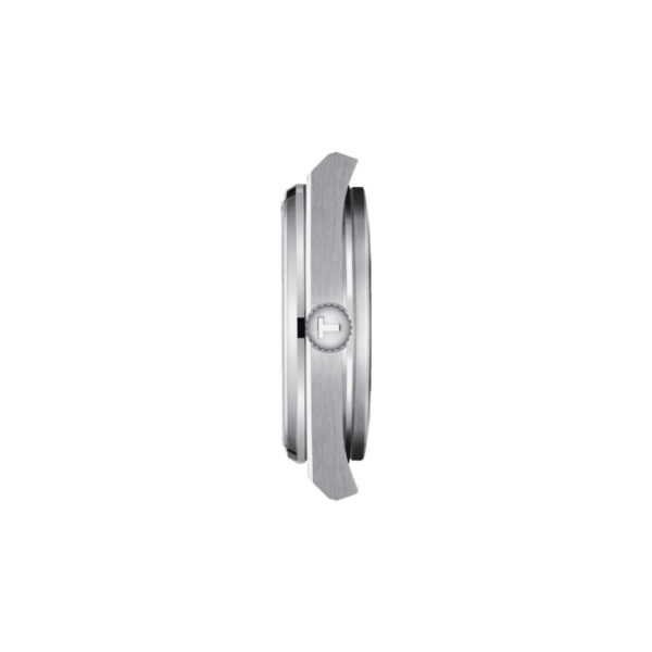 Seitenansicht der Tissot PRX 35MM, einer eleganten silbernen Armbanduhr. Sie zeichnet sich durch einen minimalistischen Stil mit glatten Kanten, einer polierten Oberfläche und einem dünnen Design aus. Auf der Krone ist dezent das Logo zu sehen.