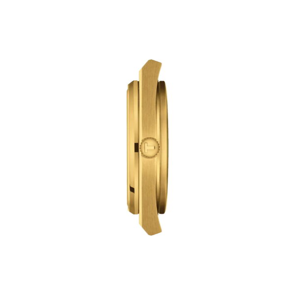 Seitenansicht der Tissot PRX Powermatic 80 mit schlankem Goldprofil und minimalistischem runden Gehäuse. Die Krone ist auf der rechten Seite sichtbar, das Band ist jedoch nicht zu sehen.