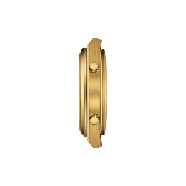 Seitenansicht des 40-mm-Goldarmbands der Tissot PRX Digital mit zwei kleinen runden Knöpfen vor einem schlichten weißen Hintergrund.