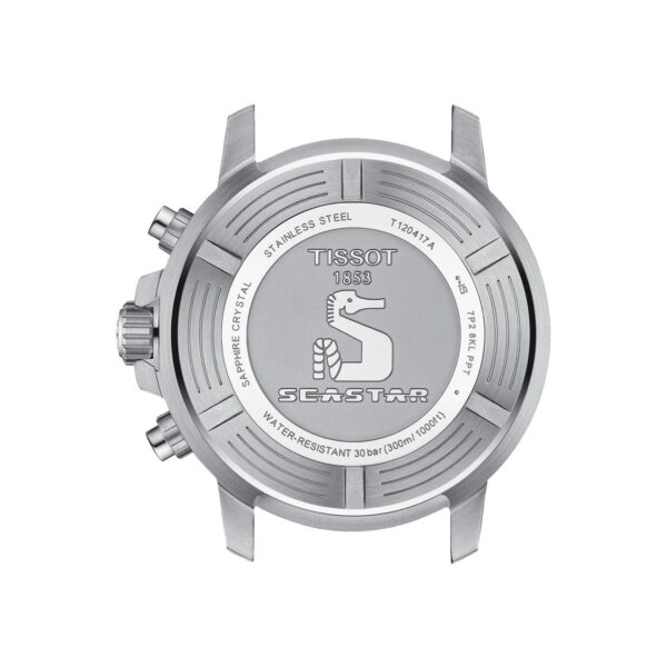 Das Bild zeigt die Rückseite einer Tissot Seastar 1000 Chronographenuhr mit Gravuren wie dem Tissot-Logo, „TISSOT 1853“, „SEASTAR“ und Details zu Edelstahl, Saphirglas, Wasserdichtigkeit (30 Bar) und Modellnummern.