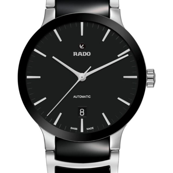 Die Rado Centrix Automatic ist eine elegante, moderne Armbanduhr mit rundem schwarzem Zifferblatt, silbernen Stundenmarkierungen und einer Datumsanzeige bei 6 Uhr. Sie besticht durch ein schwarzes Zifferblatt mit silbernen Akzenten und ein schwarz-silbernes Metallarmband.