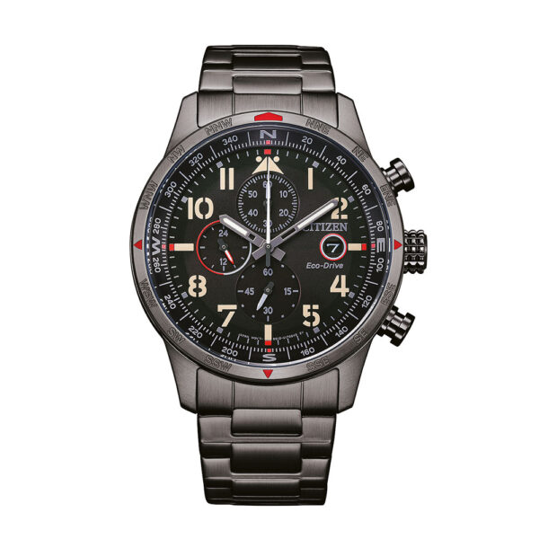 Die Citizen Eco-Drive CA0797-84E ist eine Edelstahlarmbanduhr mit schwarzem Zifferblatt, weißen und roten Akzenten, mehreren Hilfszifferblättern, silbernen Stundenmarkierungen und einer Lünette mit Kompassmarkierungen. Sie verfügt über ein Gliederarmband.