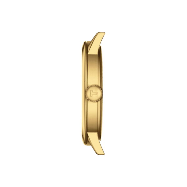 Eine Seitenansicht der Armbanduhr Tissot Classic Dream zeigt ihr Goldgehäuse und betont das schlanke Profil und die Kronendetail.