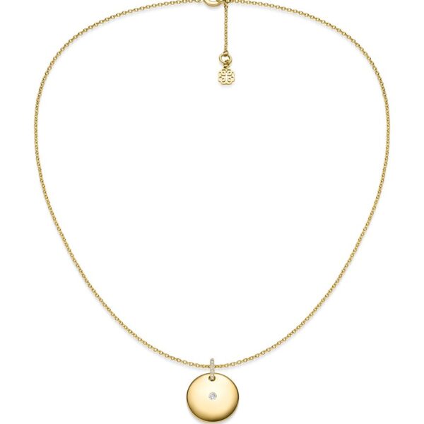 Die Binder Signature Kette ist eine schmale Goldkette mit einem runden Anhänger, der einen zentralen Diamantakzent aufweist und durch ein dekoratives Element in der Nähe des verstellbaren Verschlusses ergänzt wird.