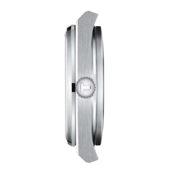 Seitenansicht des Tissot PRX Quartz 35MM Uhrengehäuses in elegantem Silber mit strukturierter Krone. Das gebürstete Metallfinish und die glatte, abgerundete Lünette betonen das minimalistische, moderne Design und die präzise Verarbeitung.