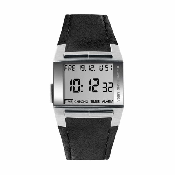 Rechteckige Digitaluhr mit silbernem Zifferblatt und schwarzem Lederarmband. Die Anzeige lautet „Fri 19.12. W51“ und „10:12:33“. Mit Chrono, Timer, Alarm und seitlicher Beschriftung „Junghans Mega 1000“.
