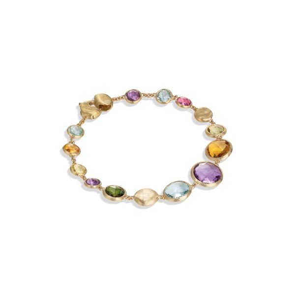 Das Marco Bicego Jaipur Armband ist ein zartes Armband mit abwechselnd mehrfarbigen Edelsteinen in runder und ovaler Form in goldenen Fassungen, wobei die Steine in Lila-, Blau-, Grün-, Gelb- und Rosatönen in einem durchgehenden Kreis angeordnet sind.