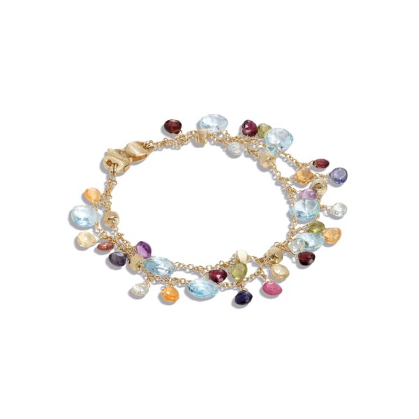 Das Marco Bicego Paradise Armband ist ein goldenes Kettenarmband, verziert mit bunten Edelsteinen in Blau, Rot, Grün, Lila und Orange. Es verfügt über einen Verschluss und dekorative Steine, die ein elegantes und lebendiges Design schaffen.