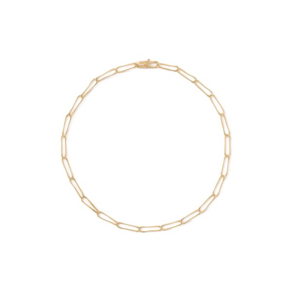Das Marco Bicego Collier Marrakech ist eine goldene Halskette mit großen, länglichen Gliedern in Kreisform und einem einfachen, sicheren Verschluss, der in Farbe und Stil zu einem minimalistischen und eleganten Look passt.
