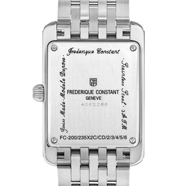 Rückansicht einer Armbanduhr Frederique Constant Classics Carree Small Seconds mit eingraviertem Markennamen, Logo, Seriennummer und Modellinformationen auf dem rechteckigen Edelstahlgehäuse mit Metallgliederarmband.