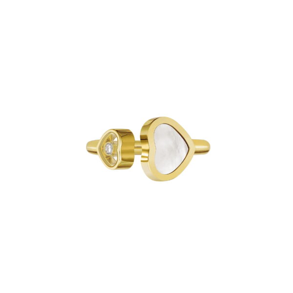 Der Perlmutt/Brillant-Goldring verfügt über ein offenes Design mit zwei Herzformen: eine ist mit einem runden Diamanten verziert, die andere wird durch eine weiße Perlmutteinlage auf weißem Hintergrund akzentuiert.