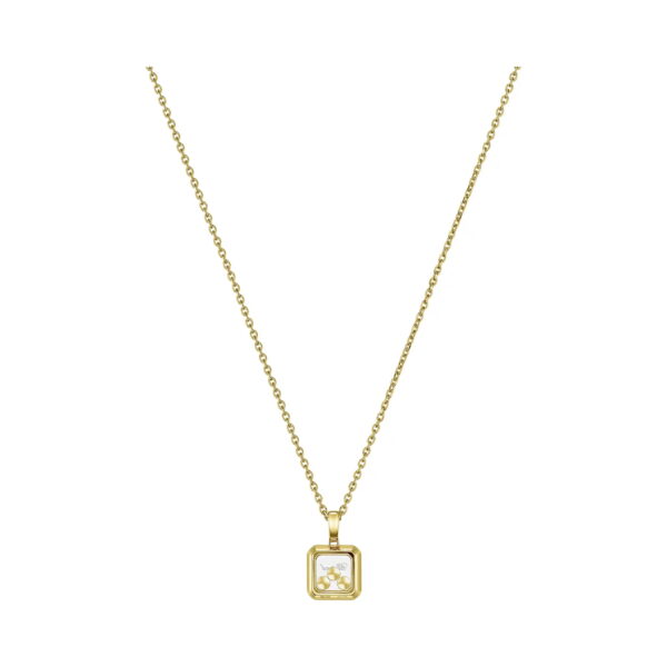 Der Chopard-Anhänger mit Kette Happy Diamonds ist eine goldene Halskette mit einem quadratischen Anhänger mit einem klaren zentralen Edelstein.