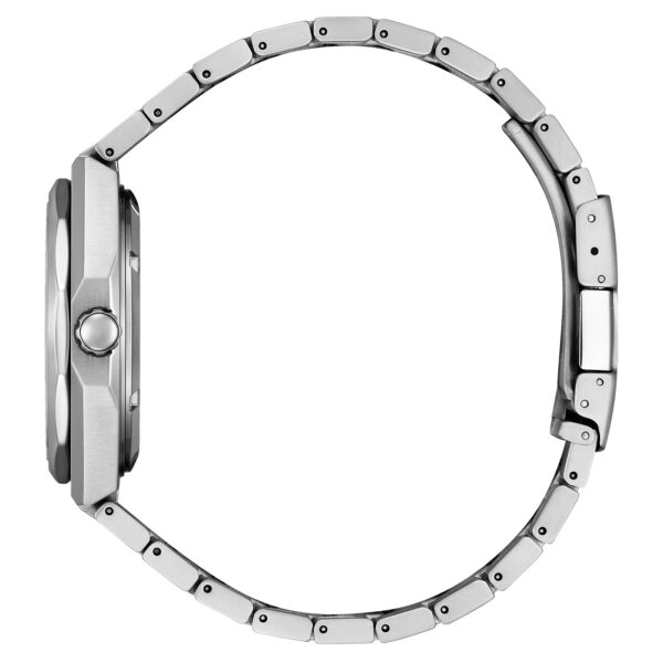 Seitenansicht der Citizen Super Titanium Zenshin 60 Automatik mit rundem silbernem Metallgehäuse, Krone auf der rechten Seite und Gliederarmband aus Titan mit Verschluss.