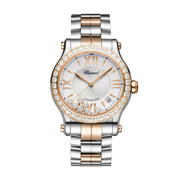 Die Luxusarmbanduhr Chopard Happy Sport verfügt über ein zweifarbiges Armband aus Silber und Roségold, eine diamantbesetzte Lünette, römische Ziffern, drei schwebende Diamanten und eine Datumsanzeige auf der 4-Uhr-Position.