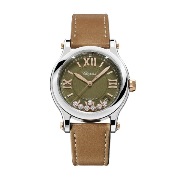 Die Chopard Happy Sport ist eine luxuriöse Armbanduhr mit braunem Lederarmband, olivgrünem Zifferblatt, goldenen römischen Ziffern und Zeigern, sechs Diamanten auf dem Zifferblatt und einem silber-goldenen Gehäuse.