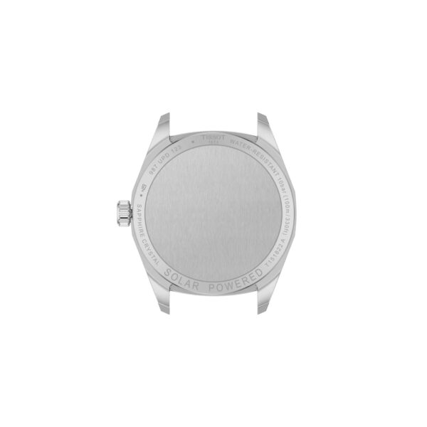 Die Tissot PRC 100 Solar Quartz 34MM hat einen silbernen Gehäuseboden mit eingraviertem Text am Rand, darunter "Tissot", "Water Resistant", "Saphirglas" und "Solar Powered". Die Mitte ist schlicht und ohne sichtbares Branding.