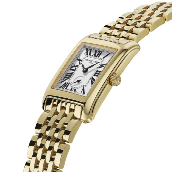 Die Frederique Constant Classics Carree Small Seconds ist eine goldene Armbanduhr mit rechteckigem Zifferblatt, weißem Zifferblatt, schwarzen römischen Ziffern, goldenem Gliederarmband, zwei schwarzen Zeigern und einem kleinen Hilfszifferblatt über 6 Uhr.