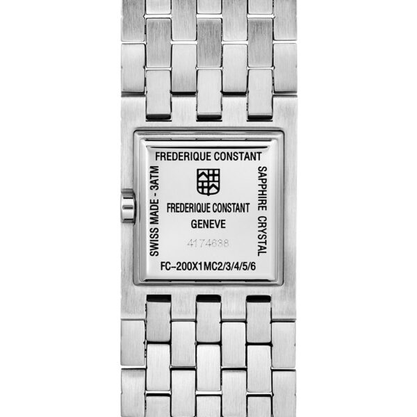 Rückansicht einer silberfarbenen Frederique Constant Classics Manchette Armbanduhr mit Edelstahlarmband, mit eingraviertem Markenlogo, Modell und Produktdetails auf dem rechteckigen Gehäuse.