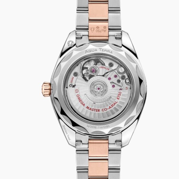 Eine Nahaufnahme des Gehäusebodens der OMEGA Seamaster Aqua Terra 150M zeigt das sichtbare mechanische Uhrwerk, gravierte Details und ein Armband aus Silber und Roségold.