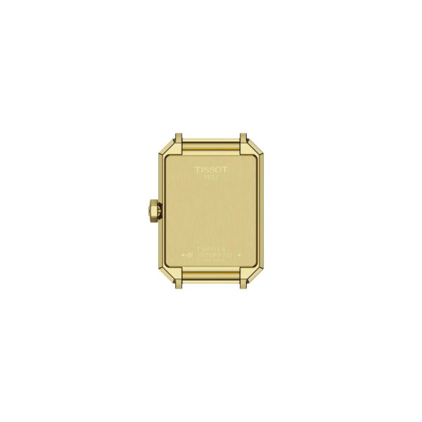 Ein rechteckiges Tissot SRV-Goldgehäuse, von der Rückseite aus gesehen, mit dem Markennamen, dem Logo und den technischen Daten, die auf gebürstetem Metall eingraviert sind. Die Gehäusekrone ist auf der linken Seite abgebildet.
