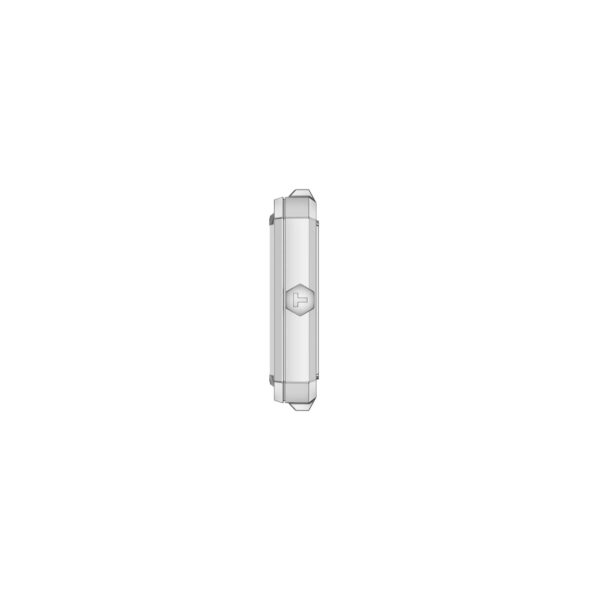 Seitenansicht der Tissot SRV, ein schlankes, rechteckiges Gerät mit abgeschrägten Kanten und einer zentralen Einschalttaste. Das minimalistische Design hebt sich von einem schlichten weißen Hintergrund ab.