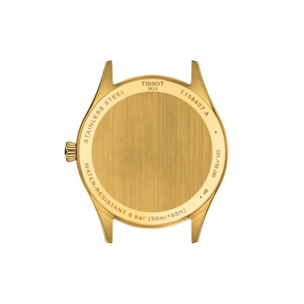 Rückansicht eines goldenen Tissot Classic Dream 40MM Edelstahlgehäuses mit einer Gravur von 5 bar (50m/165ft) Wasserdichtigkeit, der Modellnummer T135407A und dem Tissot-Logo oben.